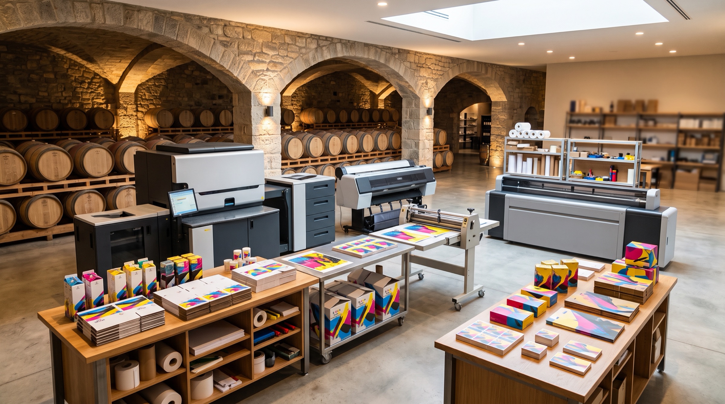Macchine per la stampa digitale e il packaging in funzione tra le botti di una cantina